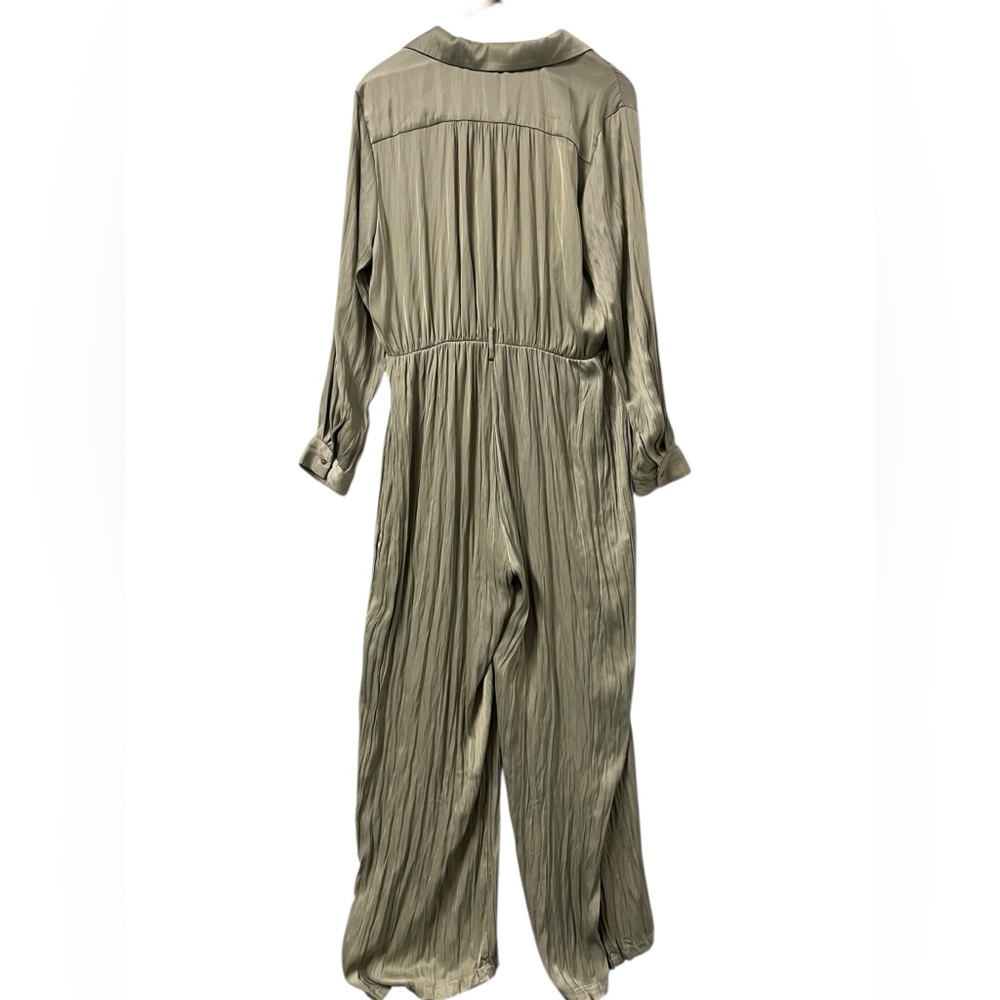 JOIE Satin Jumpsuit Seafoam Green Wide Leg Long Sleeve Belt Loops Womens Large - Picture 4 of 4